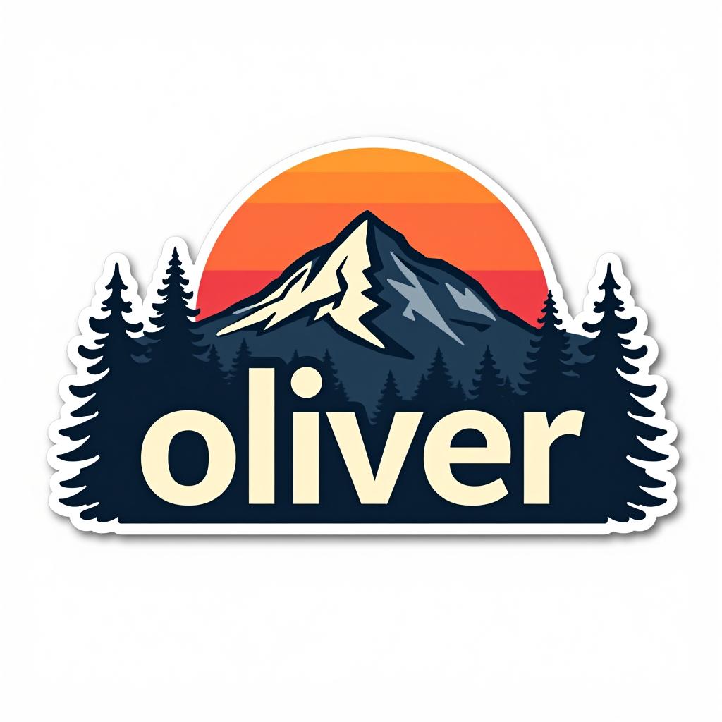  logo, custom sticker design on an isolated white background with the bold words ‘oliver’ with a backdrop of a mountain range, and silhouettes of pine trees at sunset