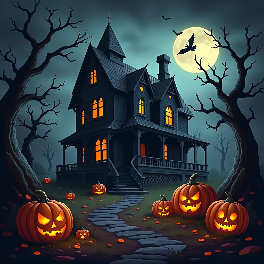  create a seamless digital painting of a spooky, halloween themed scene featuring a haunted house with gothic architecture. the house should be surrounded by twisted, gnarled trees and a multitude of jack o' lanterns. the scene should include a dark, cloudy sky to enhance the eerie atmosphere. the overall style should be detailed and atmospheric, capturing the essence of a haunted, creepy environment perfect for halloween, ensuring the design is seamless for use in repeating patterns or wraps.