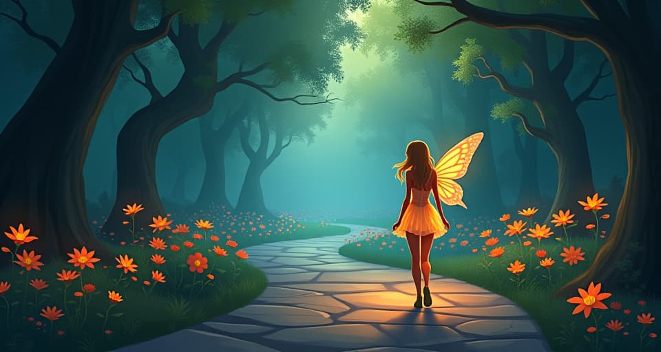  enchanted, winding road through a whimsical forest, glowing flora. fairy in luminescent attire walking confidently, peaceful mood.. the style is digital art illustration,highly detailed, whimsical,magical, dreamlike atmosphere, realism and fantasy blend, smooth, glossy textures,luminous quality, wonder and enchantment.