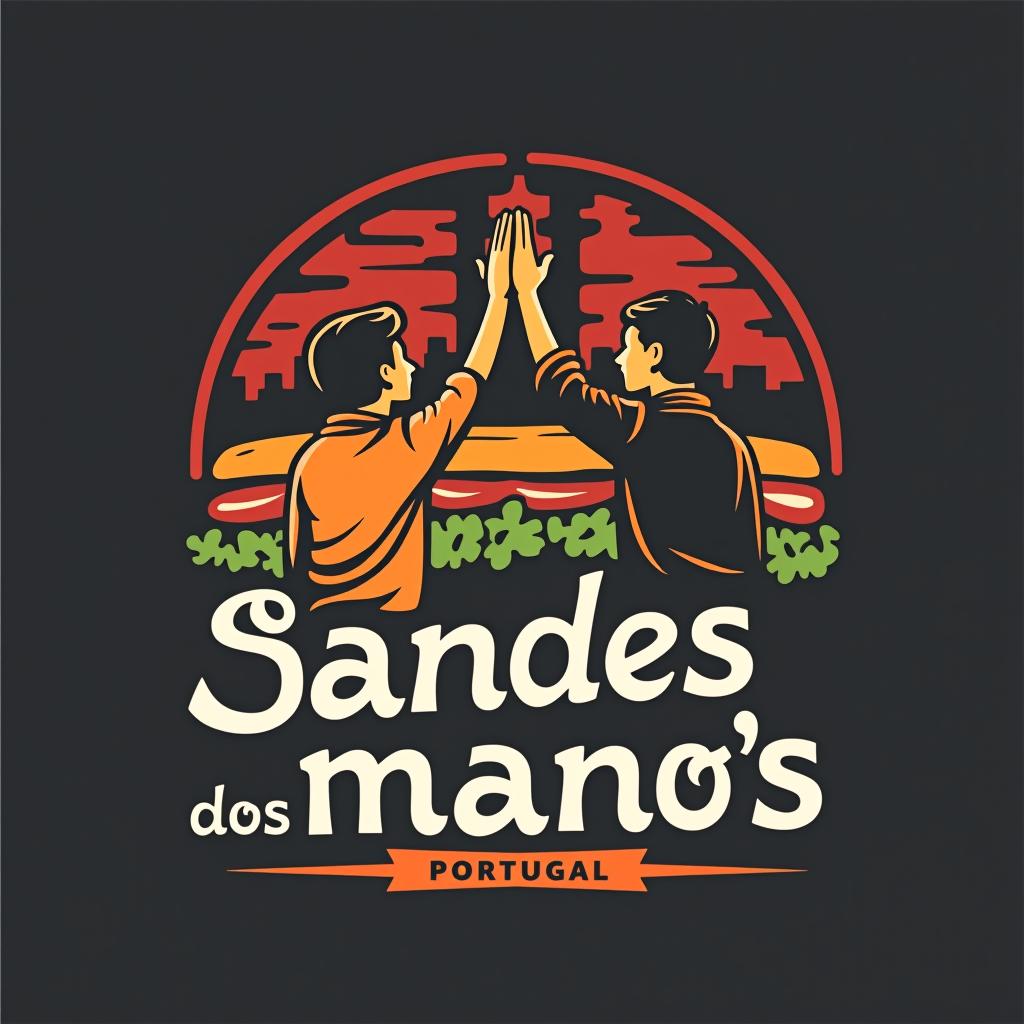  design a logo, in a threedrender style. the name is « sandes dos mano’s », this meaning sandwich of brother , and i have thinked in two brothers get a high five, with one sandwich , background a town like porto, portugal