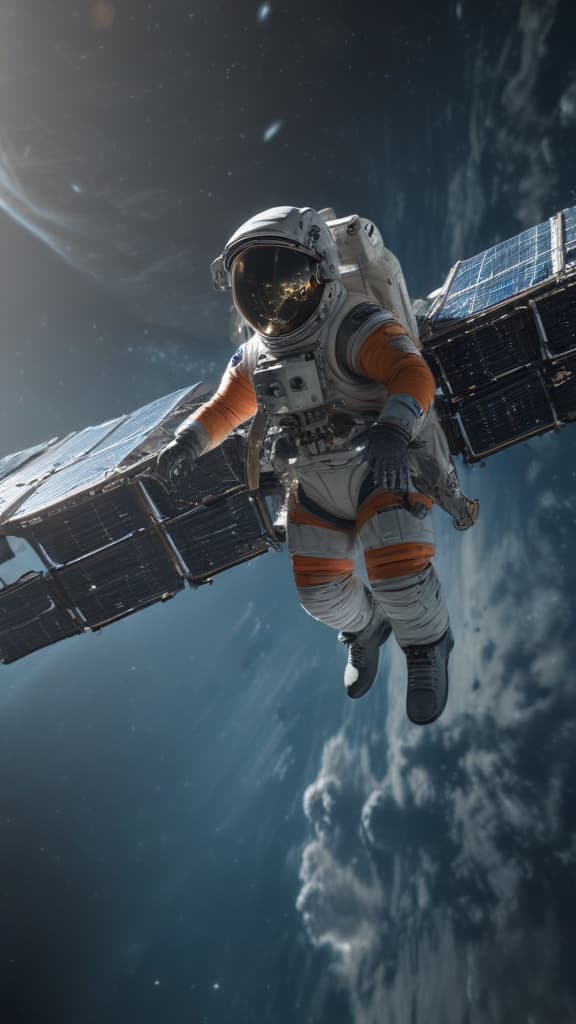 ((masterpiece)),(((best quality))), 8k, high detailed, ultra detailed, a space station orbiting a distant planet, astronauts floating in zero gravity, (gigantic solar panels), (satellites in the background) hyperrealistic, full body, detailed clothing, highly detailed, cinematic lighting, stunningly beautiful, intricate, sharp focus, f/1. 8, 85mm, (centered image composition), (professionally color graded), ((bright soft diffused light)), volumetric fog, trending on instagram, trending on tumblr, HDR 4K, 8K