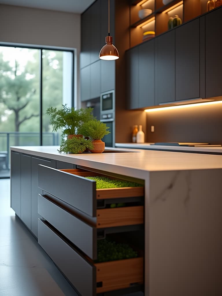  high quality portrait photo of an ultra modern kitchen island with integrated smart storage solutions, featuring touch activated drawers, a built in herb garden, and a smooth quartz countertop reflecting soft, ambient lighting hyperrealistic, full body, detailed clothing, highly detailed, cinematic lighting, stunningly beautiful, intricate, sharp focus, f/1. 8, 85mm, (centered image composition), (professionally color graded), ((bright soft diffused light)), volumetric fog, trending on instagram, trending on tumblr, HDR 4K, 8K