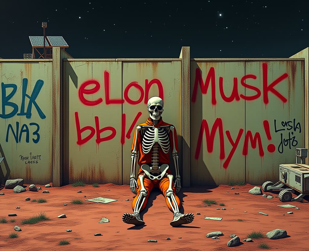  a red hand written spray as graffiti text (uppercase )"elon musk", ((lowercase)) ((("bbl//\ mym !"))); a science fiction illustration. front view of a discarded skeleton as corpse in a orange violet suit on the ground feet against the wall,wall of an industrial facilitie with cisterns. fields of solar panels at horizon. mutliple graffiti on walls, industrial complex, metalic green walls covered with rust, red sand, mars rover on the side, broken mecanials parts against a wall, trash on the ground; the background is a night sky stars constellation in dark sky. hyperrealistic, full body, detailed clothing, highly detailed, cinematic lighting, stunningly beautiful, intricate, sharp focus, f/1. 8, 85mm, (centered image composition), (professionally color graded), ((bright soft diffused light)), volumetric fog, trending on instagram, trending on tumblr, HDR 4K, 8K