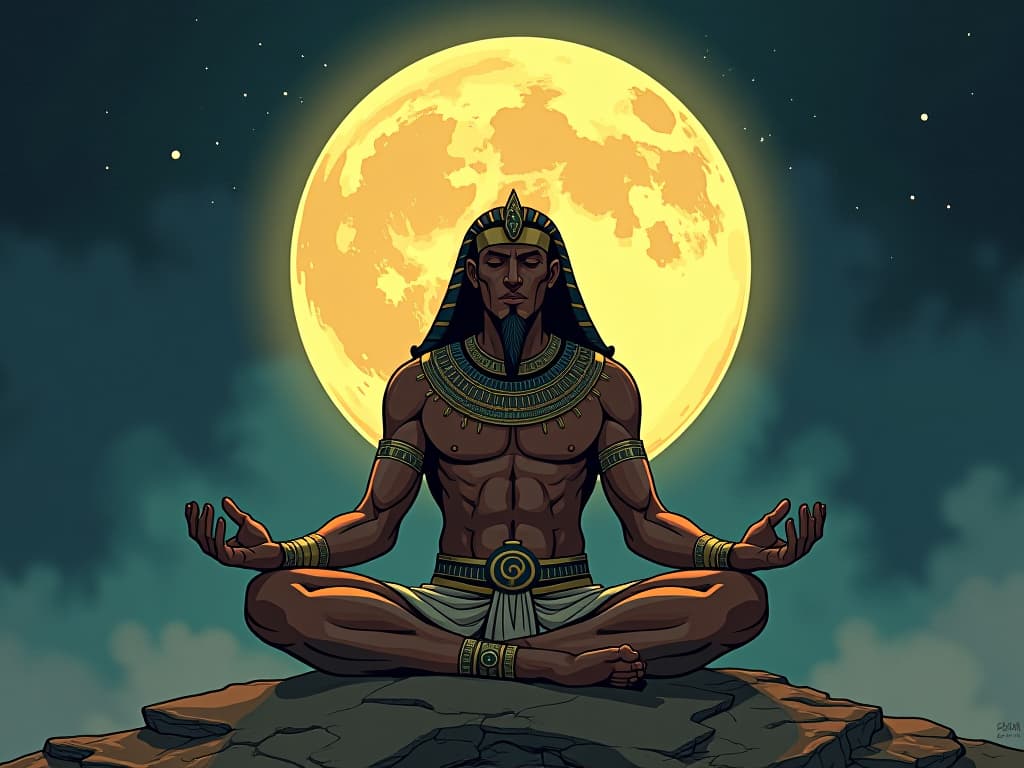  ancient egyptian sage meditating under the full moon, symbolizing adaptability as a tool. the style is digital art illustration / modern comic book / mysterious occult, symbolic, esoteric vibe,high detail on character design, incorporating ancient egyptian symbology and attire.