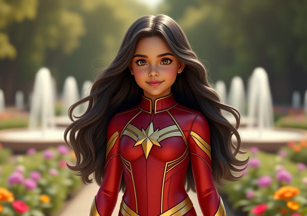  a hyper realistic image of a beautiful, cute indian marvel superhero girl with fair white skin. she has long, flowing black hair and wears a vibrant red and gold costume adorned with intricate indian patterns. she stands confidently in front of a lush, serene garden filled with colorful flowers and sparkling water fountains, the sunlight highlighting her radiant complexion, masterpiece,