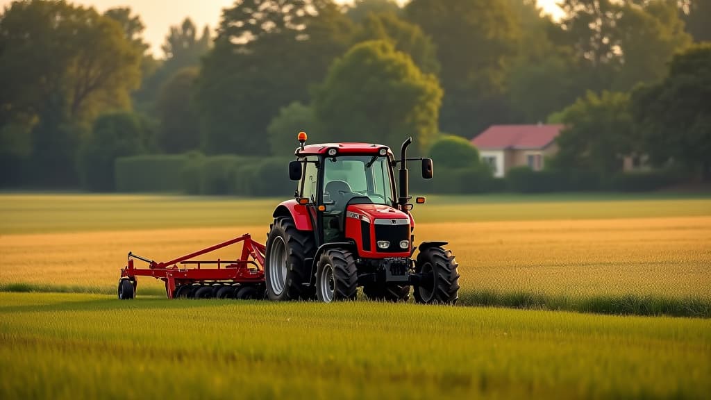  a red tractor in a field with trees and a house in the background