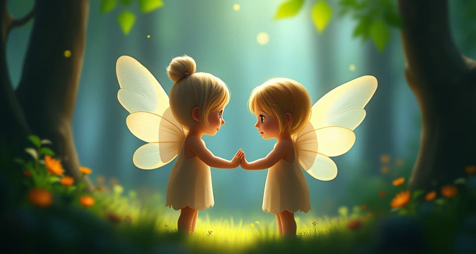  serene fairy and an angel, surrounded by soft, bright light in an animated forest scene, facing figures with hidden, dark expressions masked behind friendly smiles.. the style is digital art illustration,highly detailed, whimsical,magical, dreamlike atmosphere, realism and fantasy blend, smooth, glossy textures,luminous quality, wonder and enchantment.