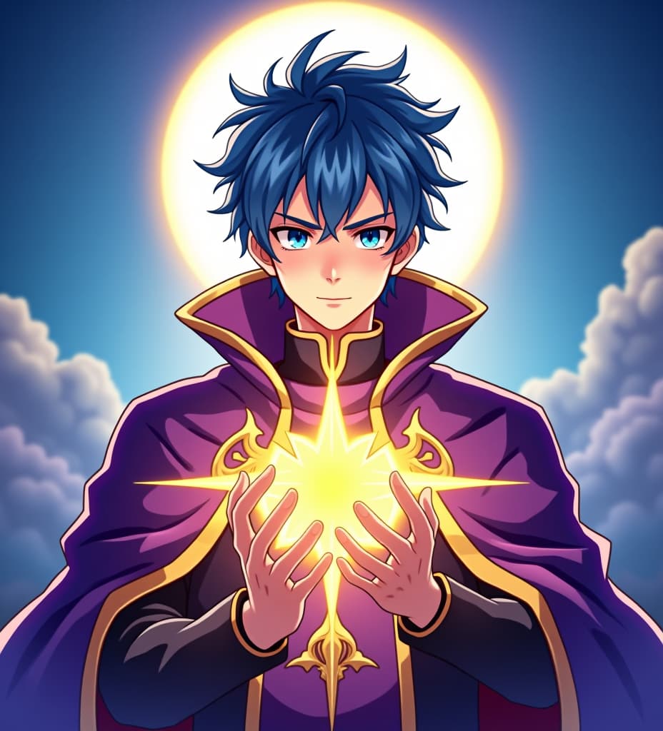  anime, anime sytle, anime image, cartoon, real cartoon, real anime, a captivating anime style cover “the sole paragon” by noan knight. the central figure is a handsome young priest with blue hair and blue eyes, wearing a stunning purple and golden priestly robe. he gazes intensely at the viewer, his hands illuminated by a golden halo of light. the background is an otherworldly, ethereal landscape reminiscent of a manhwa or anime poster.