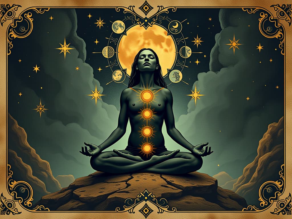  figure in meditation, chakras glowing, surrounded by cosmic symbols, ready to transcend. an illustration in the style of a worn, mystical old tarot trump card, mysterious and elements of surrealism. the colors are muted, somber and eerie, but with contrast bring out an occult and esoteric vibe.