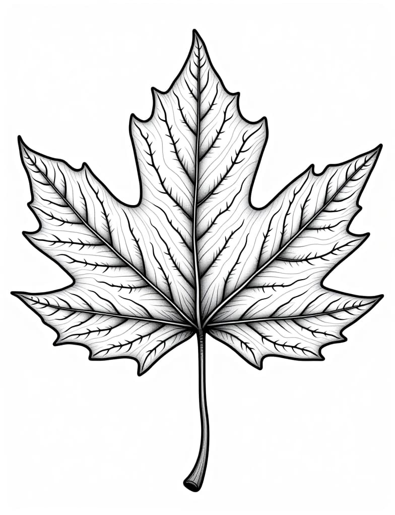  a detailed close up of a maple leaf with intricate veins, black and white line art on a white background, for an adult coloring page.