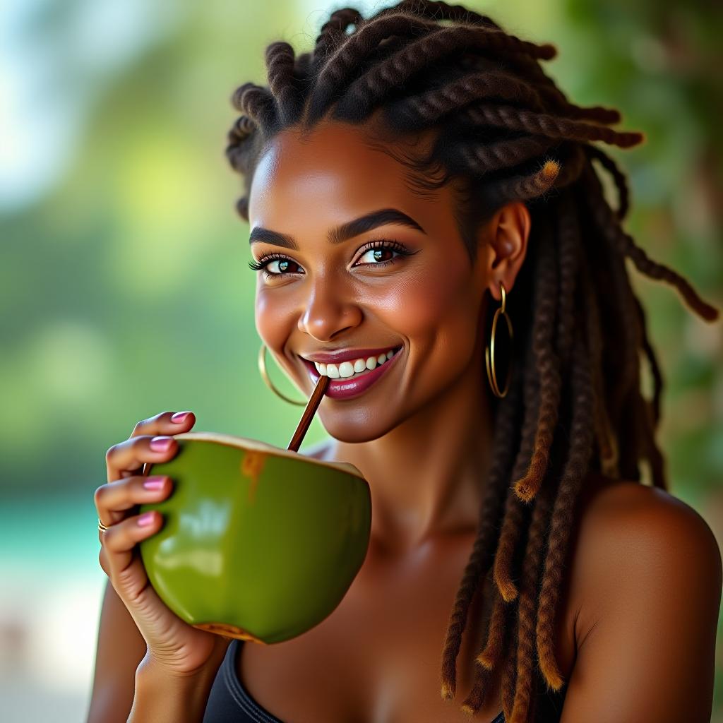  make an image of a white woman with brown haired dreadlocks in green sipping from a coconut in jamaica