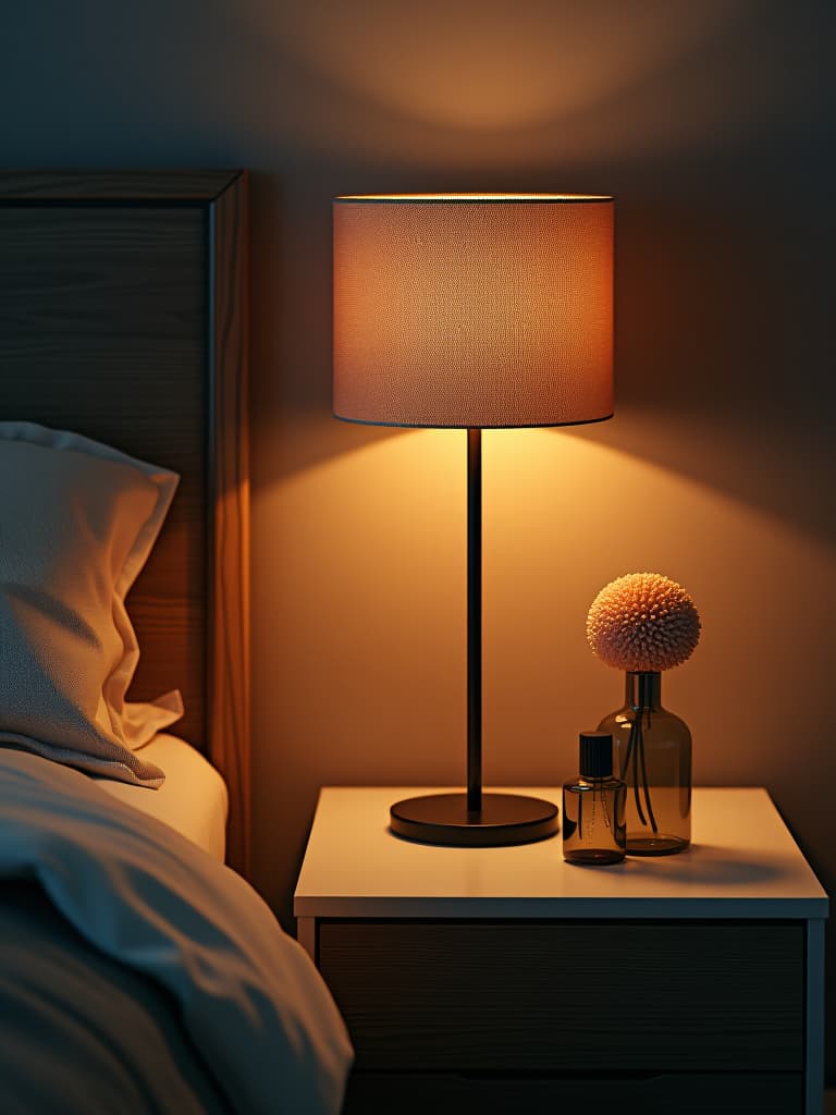  high quality portrait photo of a close up of a beautifully styled nightstand with a modern lamp, a few carefully chosen decor items, and hidden smart technology hyperrealistic, full body, detailed clothing, highly detailed, cinematic lighting, stunningly beautiful, intricate, sharp focus, f/1. 8, 85mm, (centered image composition), (professionally color graded), ((bright soft diffused light)), volumetric fog, trending on instagram, trending on tumblr, HDR 4K, 8K