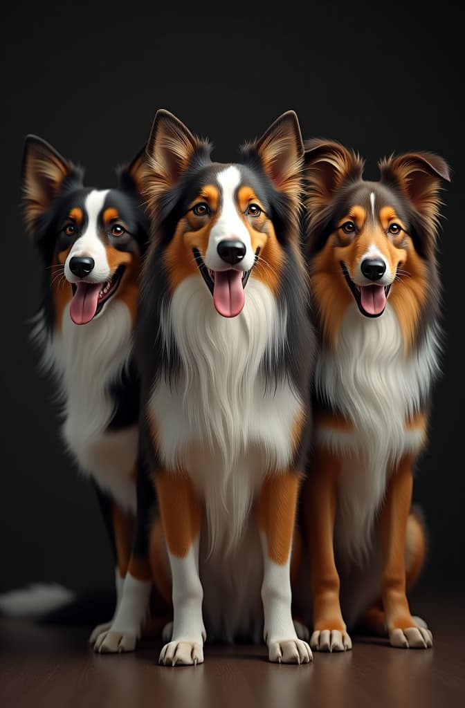  crea una imagen donde salgan las siguientes razas de perros: border collie, un rough collie y un australian shepherd, deben salir los tres en la misma imagen, en posición de sentado, realistic, portrait, art by donato giancola and greg rutkowski, realistic face, digital art, trending on artstation hyperrealistic, full body, detailed clothing, highly detailed, cinematic lighting, stunningly beautiful, intricate, sharp focus, f/1. 8, 85mm, (centered image composition), (professionally color graded), ((bright soft diffused light)), volumetric fog, trending on instagram, trending on tumblr, HDR 4K, 8K