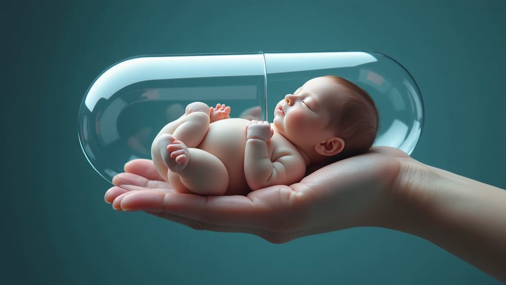  close up. female hand holding transparent medical capsule. baby sleeping inside capsule ar 16:9 {prompt}, maximum details