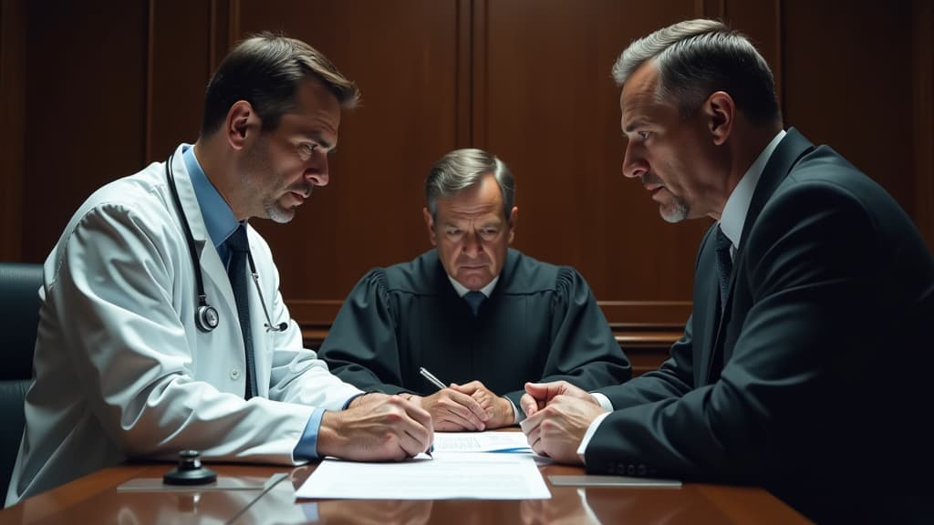  **prompt:** create an ultra detailed, hyper realistic image that embodies the essence of evaluating medical expert opinions from the perspectives of a doctor, judge, and lawyer. the composition should feature a dramatic courtroom scene where a doctor, a judge, and a lawyer are closely examining a series of medical documents and reports. the doctor, in a white coat with a stethoscope, should be analyzing a medical report, emphasizing precision and expertise. the judge, in traditional robes, sho