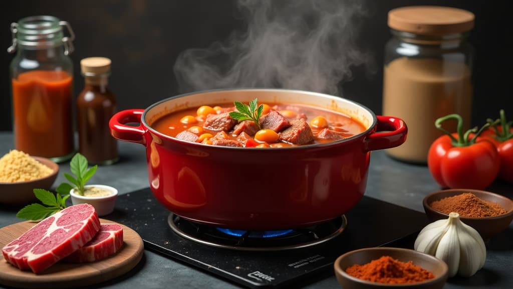  create an ultra realistic and detailed image of a vibrant kitchen scene showcasing the process of preparing goulash soup. in the center of the composition, display a large pot filled with rich, steaming goulash soup simmering on a stove. the pot should be surrounded by carefully selected high quality beef pieces, highlighting their marbling and tenderness. incorporate various spices like paprika, caraway, marjoram, and garlic, displayed in branded jars, adding a colorful and aromatic touch to th