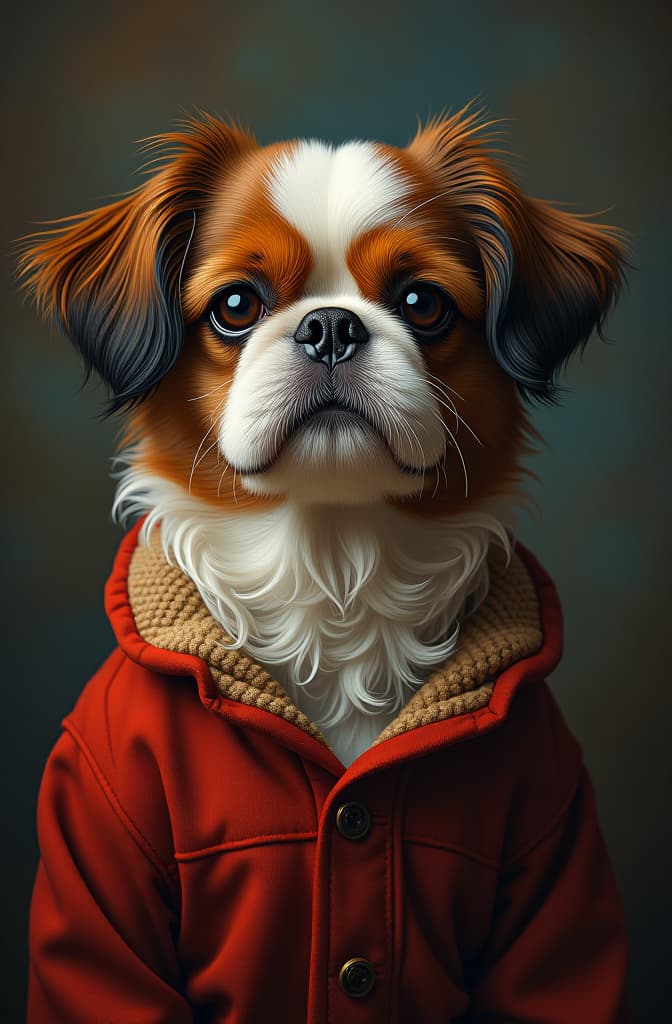  cachorro da raça shihtzu marrom claro com um lacinho roxo na cabeça, high quality high detail painting by lucian freud, hd, photorealistic lighting, style of van gogh hyperrealistic, full body, detailed clothing, highly detailed, cinematic lighting, stunningly beautiful, intricate, sharp focus, f/1. 8, 85mm, (centered image composition), (professionally color graded), ((bright soft diffused light)), volumetric fog, trending on instagram, trending on tumblr, HDR 4K, 8K