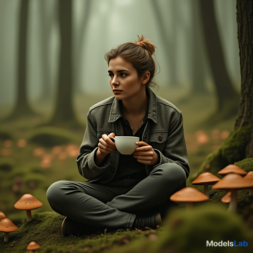  a person sitting in a peaceful forest, surrounded by mushrooms and sipping from a cup of coffee with a calm expression on their face. hyperrealistic, full body, detailed clothing, highly detailed, cinematic lighting, stunningly beautiful, intricate, sharp focus, f/1. 8, 85mm, (centered image composition), (professionally color graded), ((bright soft diffused light)), volumetric fog, trending on instagram, trending on tumblr, HDR 4K, 8K