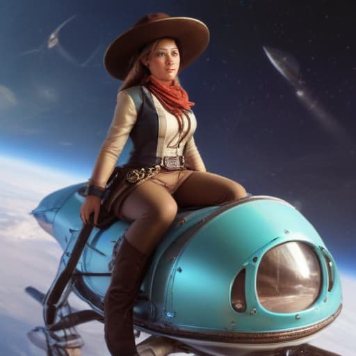 A cowgirl riding a spaceship