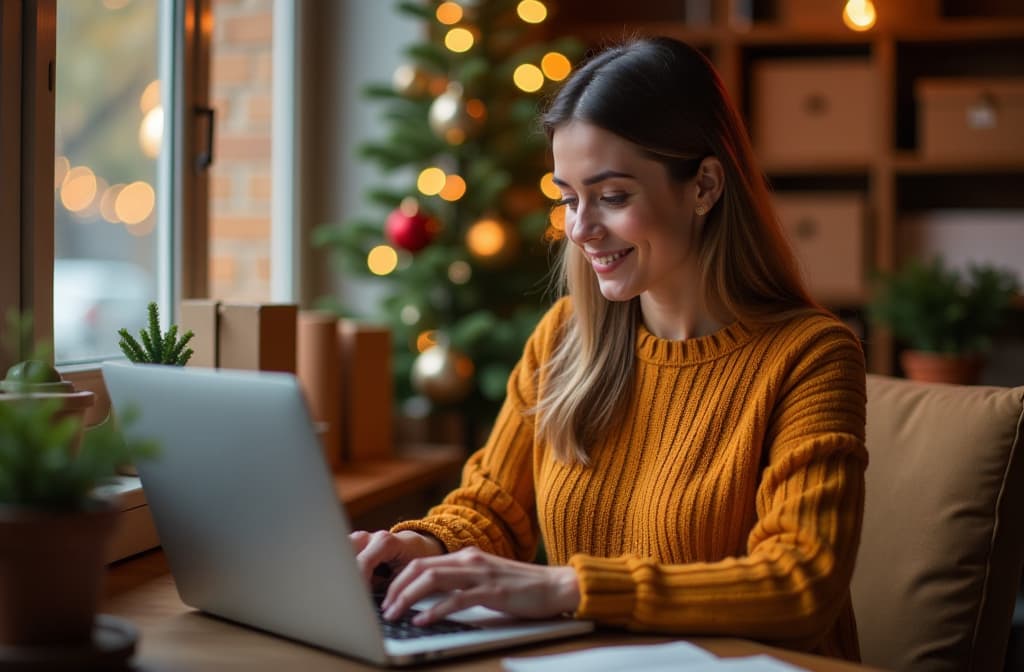  new year online shopping. woman sits and orders online purchases {prompt}, maximum details