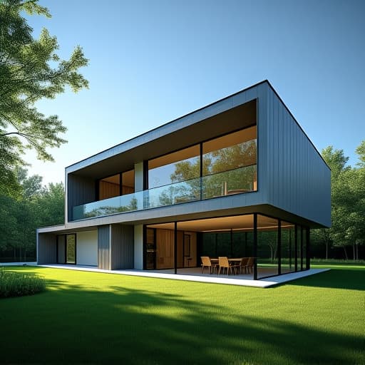  a contemporary house with a sleek glass and metal exterior, featuring floor to ceiling windows, minimalist design, and clean lines, set against a backdrop of lush greenery and a clear blue sky.