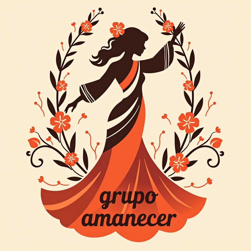  design a logo, una persona flamenca con abanicos mantones flores de sevilla , with the text 'grupo amanecer '.