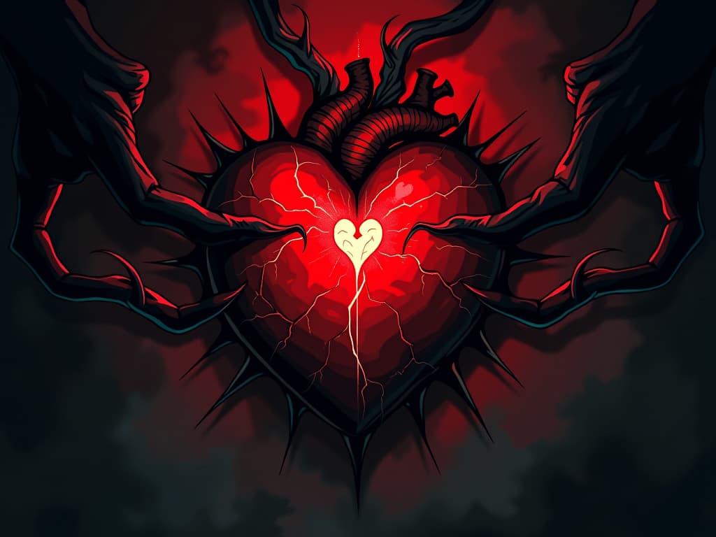  heart with jagged edges, glowing faintly with a painful light, cracked surface, surrounded by shadowy tendrils. the style is digital art illustration / modern comic book / graphic dark novel fantasy and mysterious occult, symbolic, moody lighting, esoteric vibe,high detail on character design. for the color scheme emphasize blacks and reds.