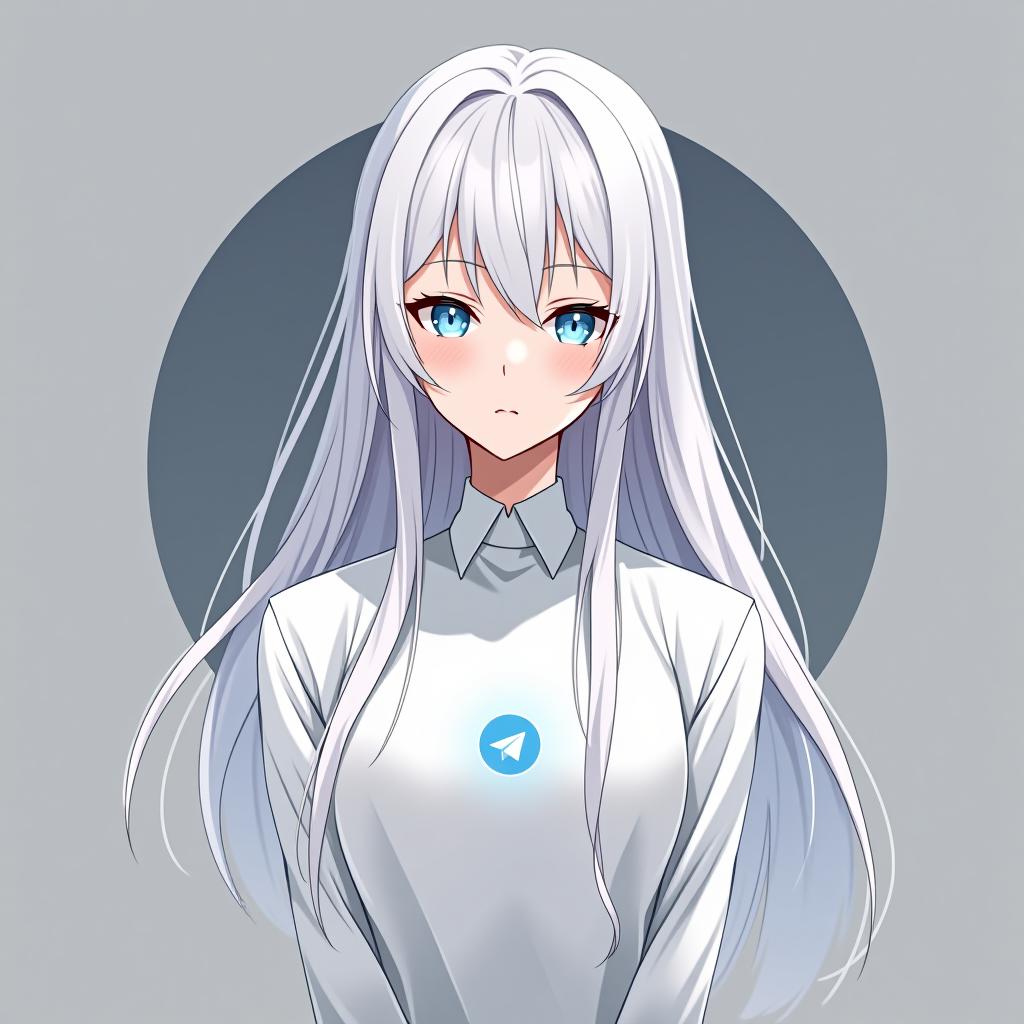  create an image of a character inspired by emilia from re:zero, featuring long white hair and an elegant appearance. the character should be wearing a shirt with the telegram logo, embodying peace and serenity. the design should be simple with a minimalistic background, and include the name 'emilia' in a stylish font