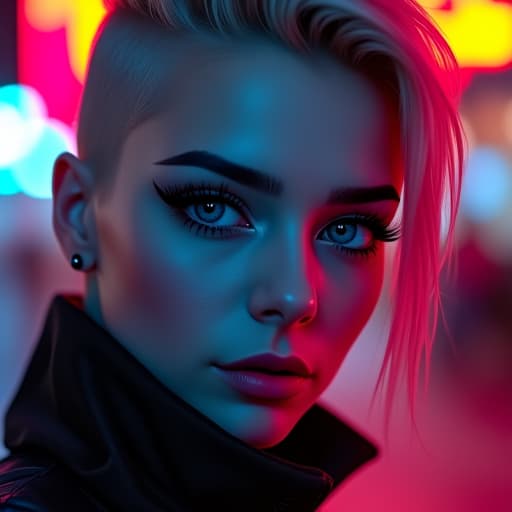  ultra realistic close up portrait ((beautiful pale cyberpunk female with heavy black eyeliner)), blue eyes, shaved side haircut, hyper detail, cinematic lighting, magic neon, dark red city, canon eos r3, nikon, f/1.4, iso 200, 1/160s, 8k, raw, unedited, symmetrical balance, in frame, 8k hyperrealistic, full body, detailed clothing, highly detailed, cinematic lighting, stunningly beautiful, intricate, sharp focus, f/1. 8, 85mm, (centered image composition), (professionally color graded), ((bright soft diffused light)), volumetric fog, trending on instagram, trending on tumblr, HDR 4K, 8K