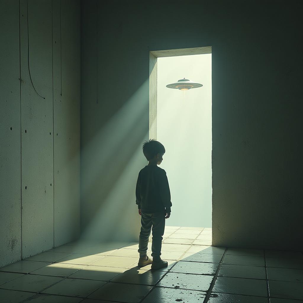  a boy that is standing in a room, unpublished photo of ufo, square enix cinematic art, concrete wall ) ], grafity, ufo, realistic photo shoot, by mary elizabeth price, korean artist, npc with a saint's halo, museum photo, unknown space, shadow polaroid photo, 2d anime style hyperrealistic, full body, detailed clothing, highly detailed, cinematic lighting, stunningly beautiful, intricate, sharp focus, f/1. 8, 85mm, (centered image composition), (professionally color graded), ((bright soft diffused light)), volumetric fog, trending on instagram, trending on tumblr, HDR 4K, 8K