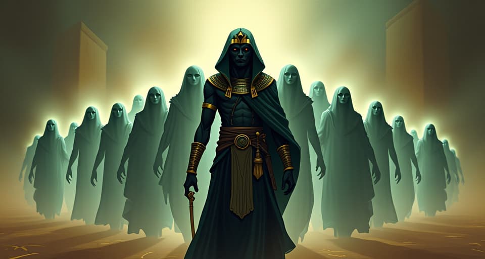  a ghostly procession of spirits, faintly glowing, accompanying a determined pharaoh, exuding an atmosphere of ethereal support. the style is digital art illustration / modern comic book / mysterious occult, symbolic, esoteric vibe,high detail on character design, incorporating ancient egyptian symbology and attire.