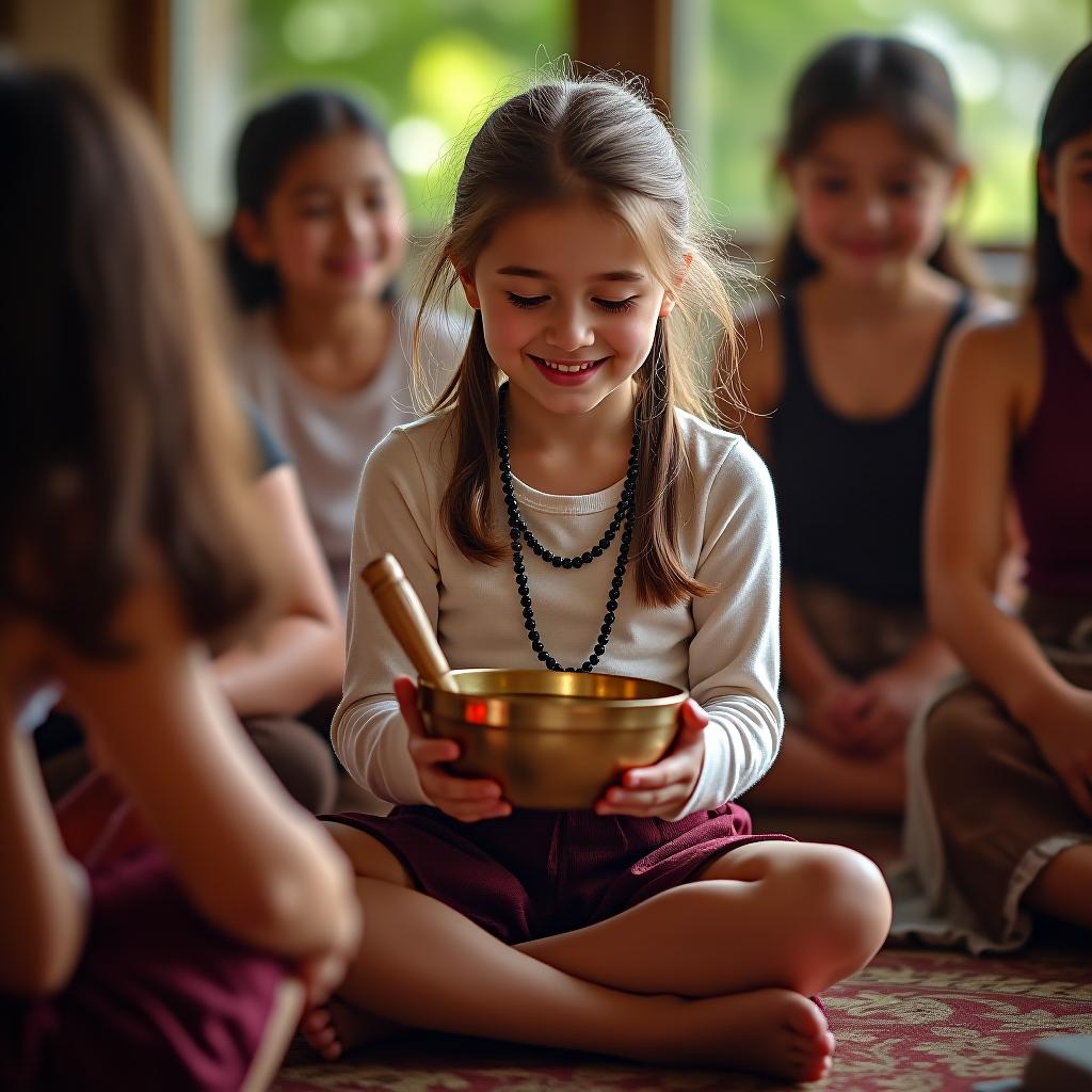  the girl with singing bowls in her hands shares with the listeners.