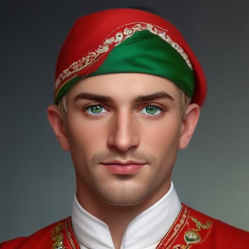 realistic style, Anatolian man with green eyes and blond hair, he is a man from high society, dressed in an early 20th century costume and a red fez.