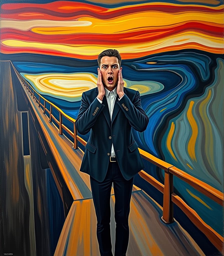  abstract expressionist painting masterpiece. (painting. painting “the scream” by norwegian expressionist painter edvard munch. (ilon musk:1.5) standing on a bridge with surprised eyes and open mouth and hands covering ears and cheeks from surprise:1.5). (intense close up:1.2). highly detailed strokes, clarity. surrealism, fantasy, expressionism. the style of the artist edvard munch:1.5.) . energetic brushwork, bold colors, abstract forms, expressive, emotional hyperrealistic, full body, detailed clothing, highly detailed, cinematic lighting, stunningly beautiful, intricate, sharp focus, f/1. 8, 85mm, (centered image composition), (professionally color graded), ((bright soft diffused light)), volumetric fog, trending on instagram, trending on tumblr, HDR 4K, 8K