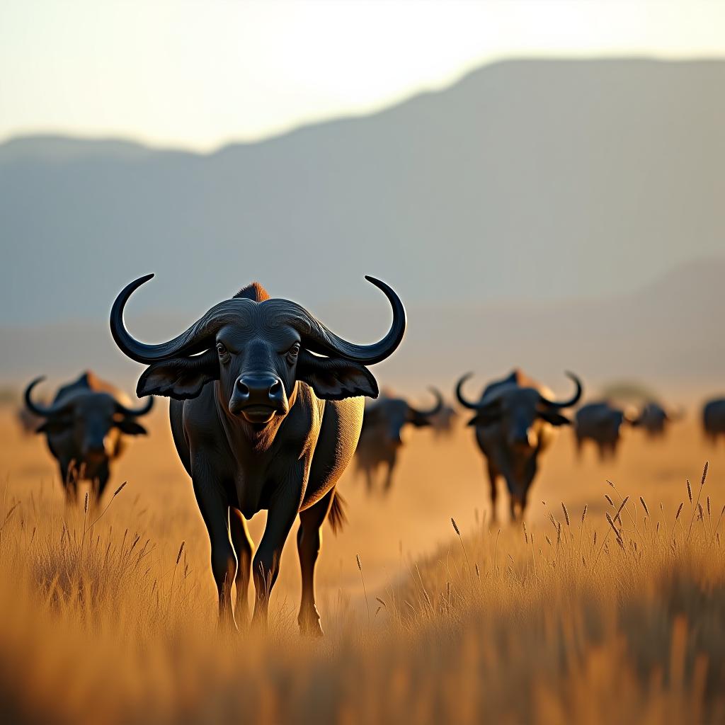  photoreal. professional. photorealistic+++++. a herd of buffalo. it is the dry season. it is noon. the sky is clear. mountainous african terrain. detailed african bushveld flora. uhd. ultra detailed. best quality photo. intricate details. give attention to the finest details.