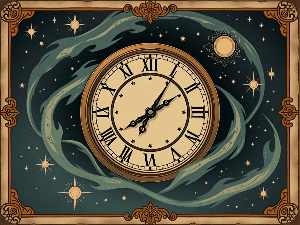  a celestial clock with fluid, shifting hands, stars and galaxies whirling around it, cosmic flow of time, ethereal glow, grasping the fluidity of time. an illustration in the style of a worn, mystical old tarot trump card, mysterious and elements of surrealism. the colors are muted, somber and eerie, but with contrast bring out an occult and esoteric vibe.