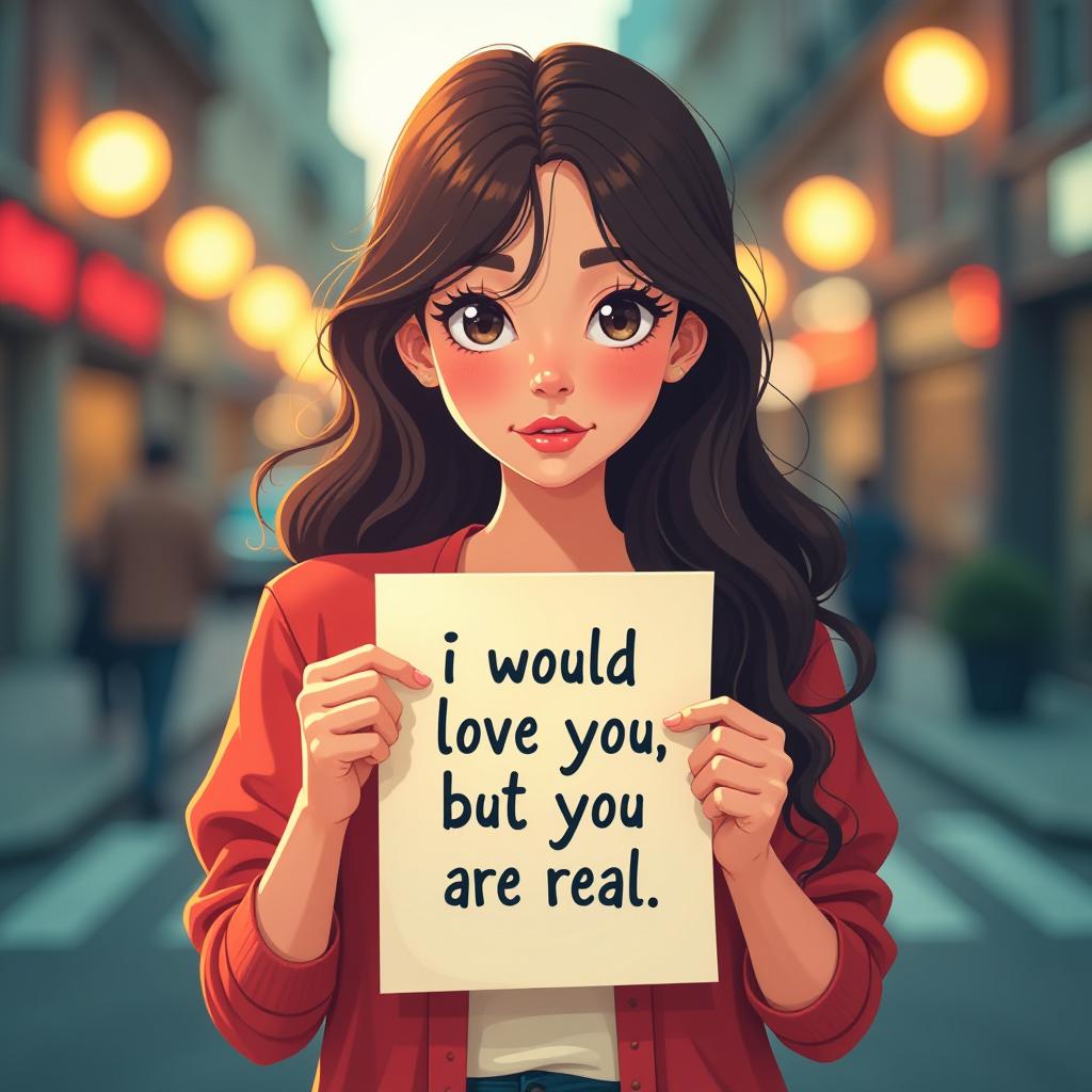  flat vector style, a tshirt design, a girl holding a piece of paper with the text 'i would love you, but you are real' . 35mm photograph, film, bokeh, professional, 4k, highly detailed