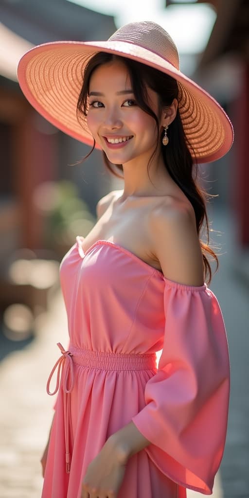  asian woman in pink top, skirt, and hat, high quality, high details, hd, perfect composition, 4k epic detailed, highly detailed, sharp focus, high resolution