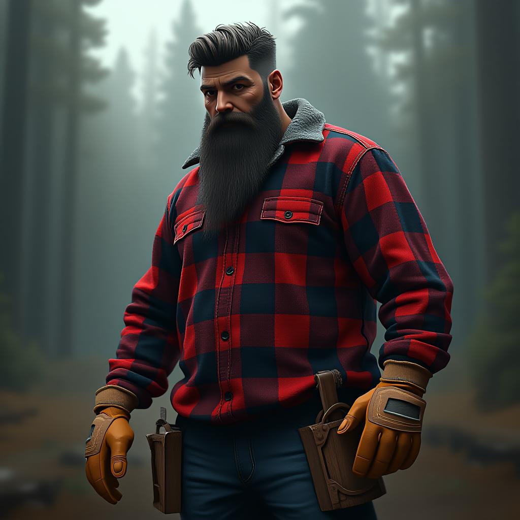  now make a lumberjack 6,10 260 pounds with a red checkered lumberjack sweater with yellowish brown working gloves dark or light jeans with slip on working boots with a dark big bushy beard and a dark buzz cut or bushy long hair that is realistic and scary in a dark atmosphere