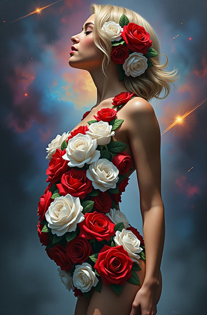  realistic colored pencil drawing of just the silhouette of the human female belly covered by white and red roses. universe background. spiritual art., realistic, portrait, art by donato giancola and greg rutkowski, realistic face, digital art, trending on artstation hyperrealistic, full body, detailed clothing, highly detailed, cinematic lighting, stunningly beautiful, intricate, sharp focus, f/1. 8, 85mm, (centered image composition), (professionally color graded), ((bright soft diffused light)), volumetric fog, trending on instagram, trending on tumblr, HDR 4K, 8K