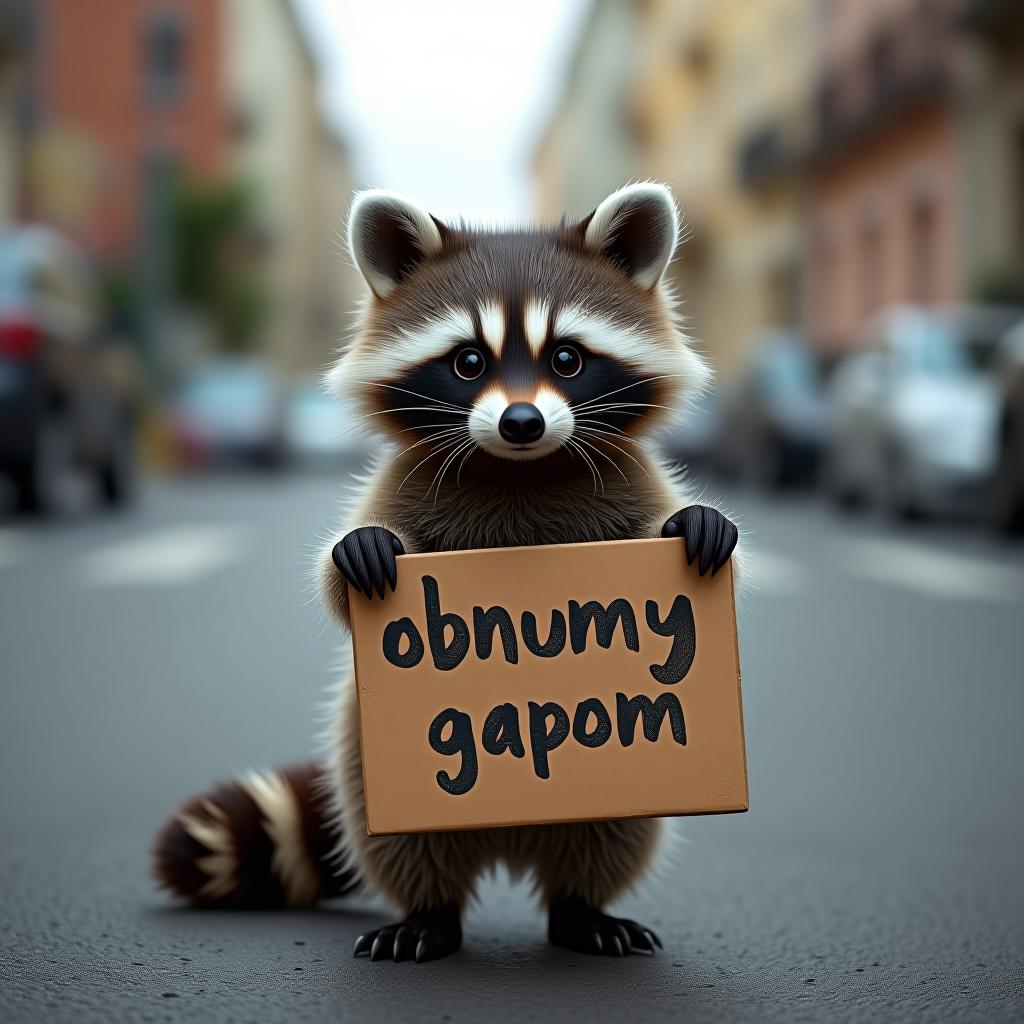  a cute little fluffy raccoon with striped tail stands in the middle of the street, holding a cardboard in front of him, the inscription "obnumy gapom" on the cardboard ((charcoal)) large uneven rough letters hyperrealistic, full body, detailed clothing, highly detailed, cinematic lighting, stunningly beautiful, intricate, sharp focus, f/1. 8, 85mm, (centered image composition), (professionally color graded), ((bright soft diffused light)), volumetric fog, trending on instagram, trending on tumblr, HDR 4K, 8K