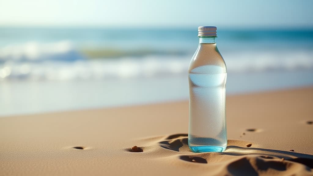  a clear water bottle stands on sandy beach with ocean waves in the background.