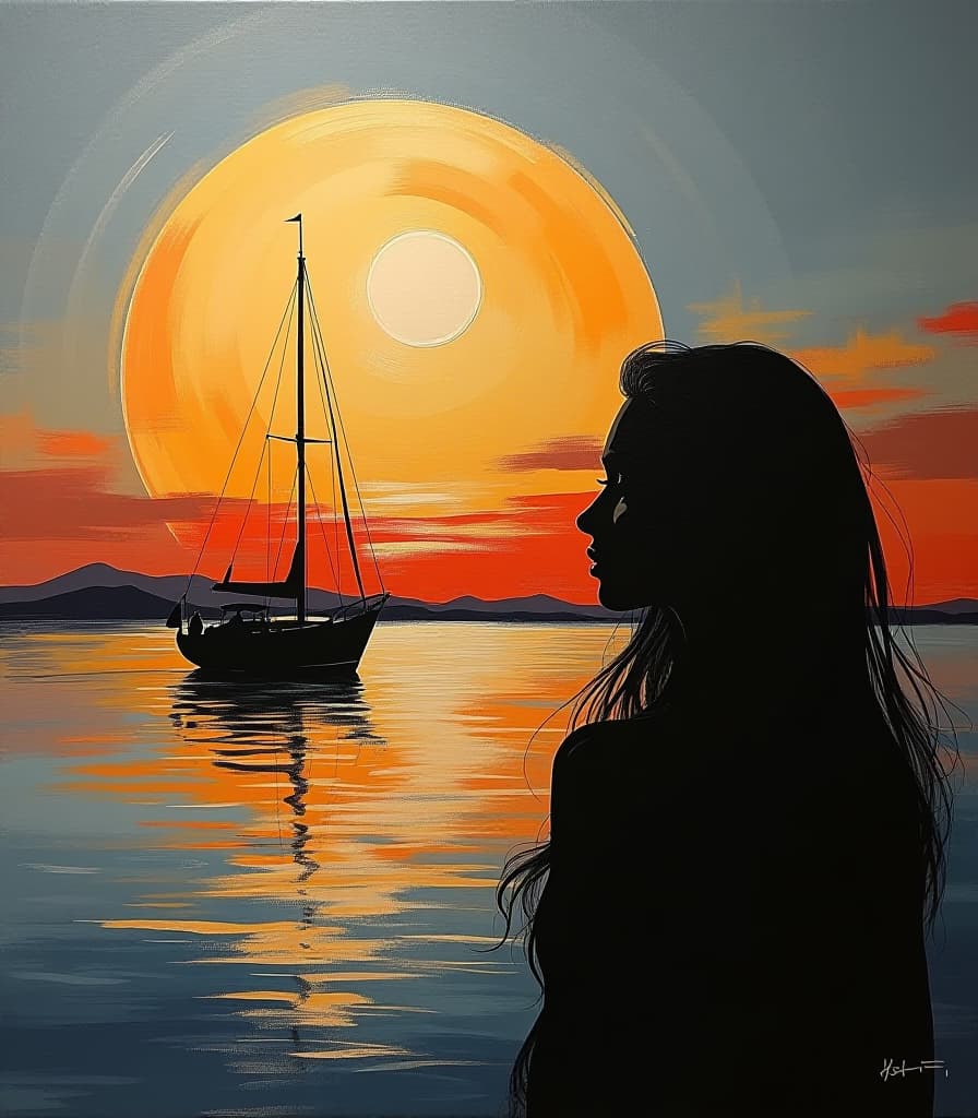  abstract style expressionist acryl painting (double exposure:1.3) captures a serene scene of a dreaming woman (dark silhouette:1.2) in the foreground, a sailboat on the water with a large, detailed view of the moon in the background. the moon appears disproportionately large compared to the boat, that creates the sense of depth. the sunset sky has an orange and gray hue. perfect composition, beautifully detailed. the overall composition creates a peaceful and almost surreal atmosphere, with the sailboat seemingly sailing towards the moon. the contrast between the dark silhouette of the long haired woman and the bright, glowing moon adds to the visual impact of the image. . non representational, colors and shapes, expression of feelings, im