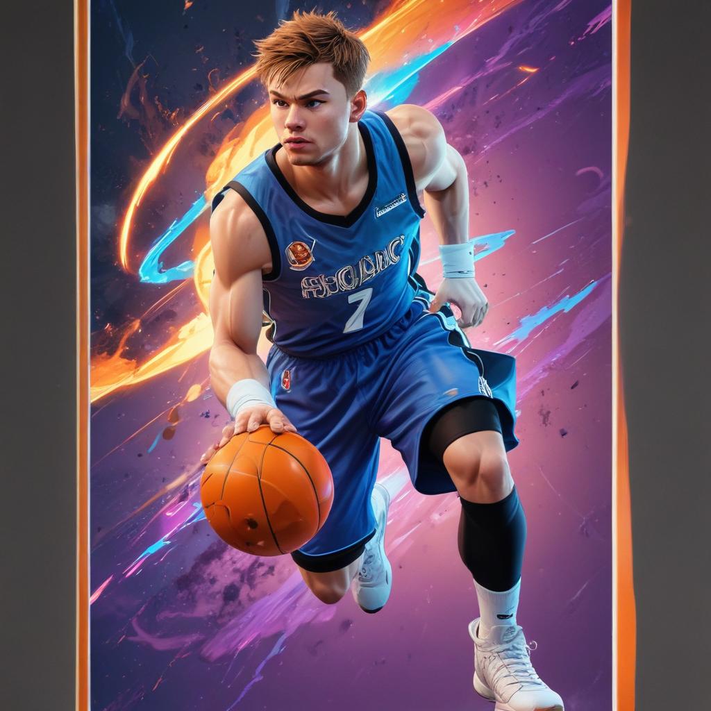 distance-shot, flashy, full-body, dynamic, holographic, animated cartoon poster of luka doncic in the style of dragon ball super