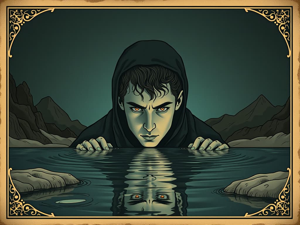  reflective pool, still water, male face looking into it, soul searching and understanding, tranquil night setting. an illustration in the style of a worn, mystical old tarot trump card, mysterious and elements of surrealism. the colors are muted, somber and eerie, but with contrast bring out an occult and esoteric vibe.