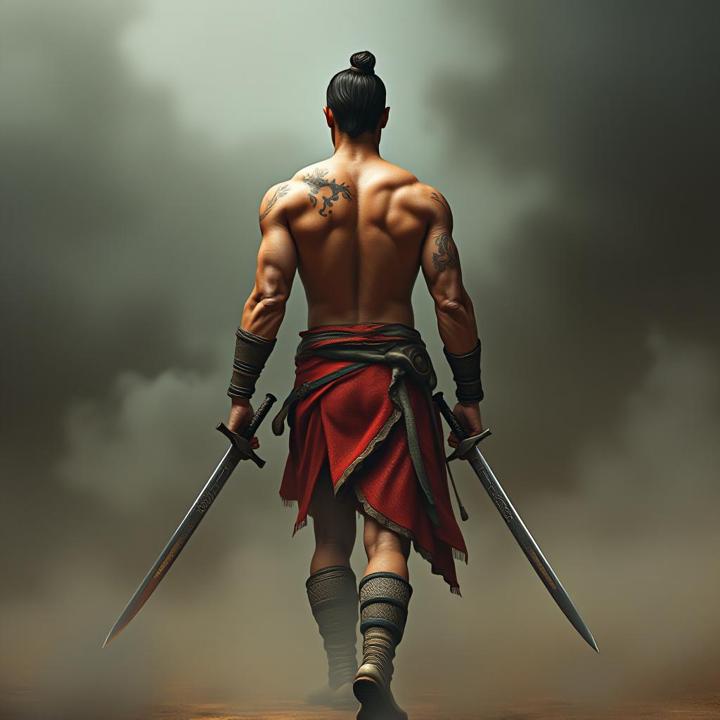  an ancient warrior in open muscular body, holding swords in both hands, depicted from the back view in a smoke filled environment., high quality, high details, hd, perfect composition, 4k epic detailed, highly detailed, sharp focus, high resolution