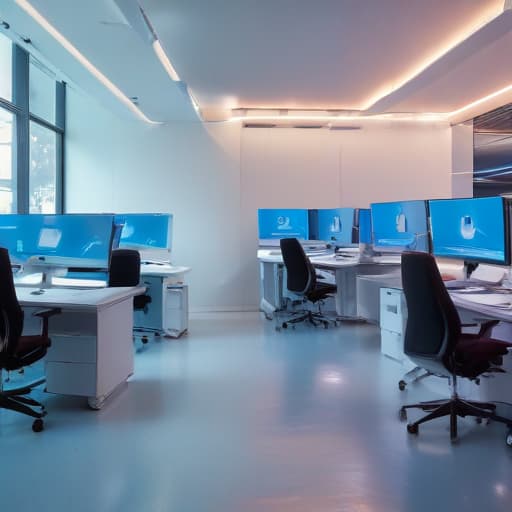 A sleek, modern office space with state-of-the-art technology and gadgets scattered around. The room is bathed in the soft glow of futuristic LED lights, casting a cool, blue hue over the polished surfaces. Computer monitors display lines of code and complex algorithms, while a 3D printer hums in the background, creating intricate prototypes of innovative designs. The atmosphere is buzzing with the energy of creativity and progress, promising a future filled with endless possibilities in the world of tech and innovation.