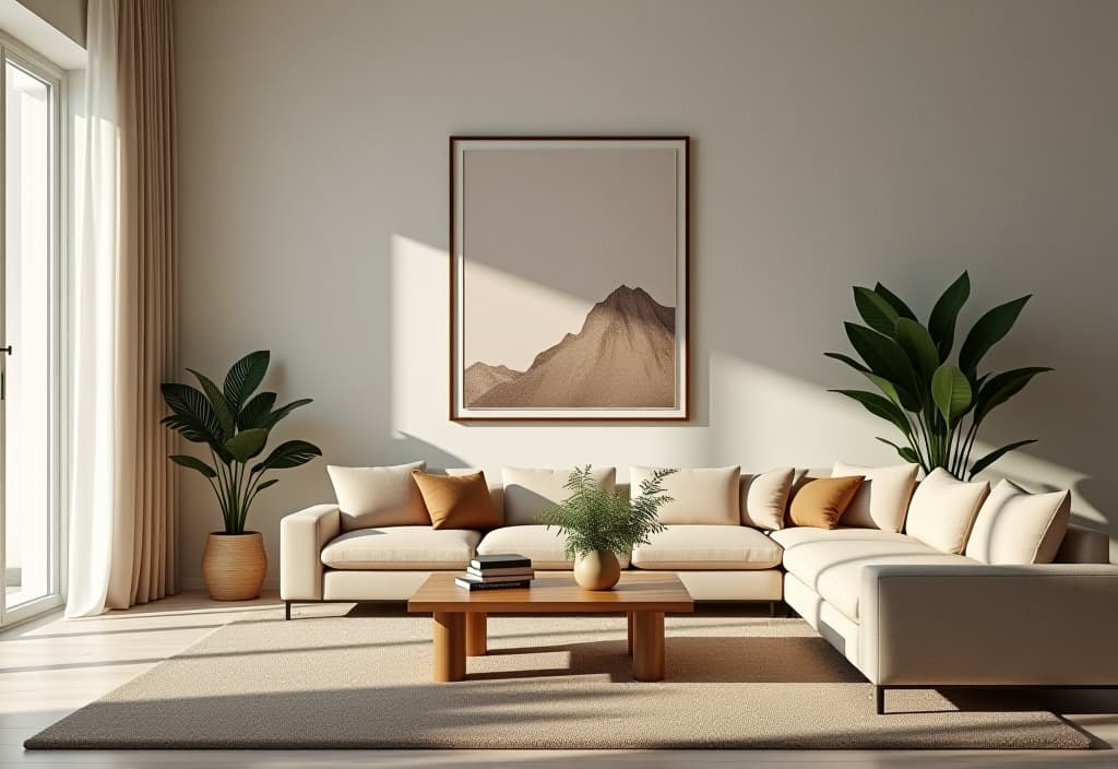  a landscape photo of a minimalist living room featuring a statement piece of artwork, surrounded by clean lines, neutral tones, and strategically placed plants for a touch of nature hyperrealistic, full body, detailed clothing, highly detailed, cinematic lighting, stunningly beautiful, intricate, sharp focus, f/1. 8, 85mm, (centered image composition), (professionally color graded), ((bright soft diffused light)), volumetric fog, trending on instagram, trending on tumblr, HDR 4K, 8K