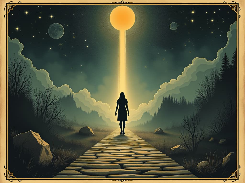  path safeguarded, figure walking amid light beams, celestial background, journey, protection. an illustration in the style of a worn, mystical old tarot trump card, mysterious and elements of surrealism. the colors are muted, somber and eerie, but with contrast bring out an occult and esoteric vibe.