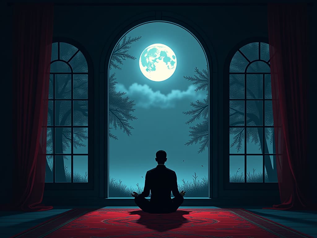  a serene room lit by moonlight, large windows showing a peaceful night, figure seated in contemplation, air of quiet reflection. the style is digital art illustration / modern comic book / graphic dark novel fantasy and mysterious occult, symbolic, moody lighting, esoteric vibe,high detail on character design. for the color scheme emphasize blacks and reds.